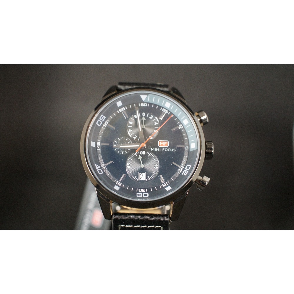 Mini Focus MF0017G Chronograph Quartz Watch 46mm Sport Black Leather Mens